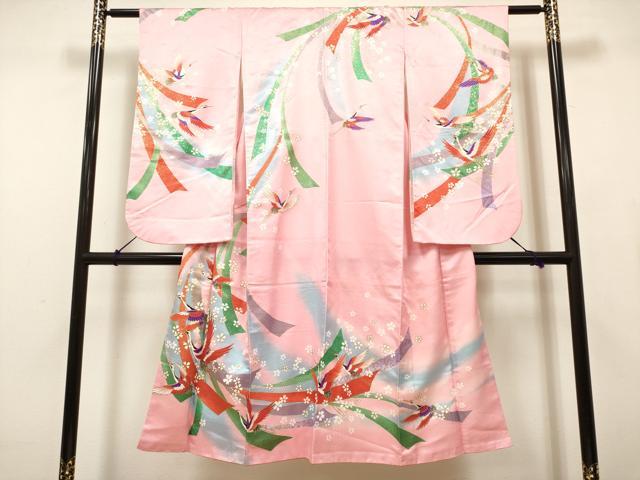 平和屋着物[]七五三　女の子　７歳　祝着　四つ身　飛鶴束ね熨斗文　舞桜　金彩　逸品　DABH5269ea