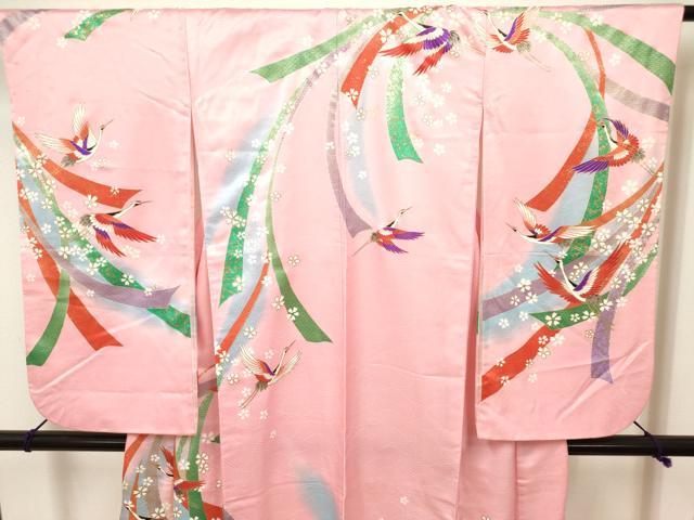 平和屋着物[]七五三　女の子　７歳　祝着　四つ身　飛鶴束ね熨斗文　舞桜　金彩　逸品　DABH5269ea