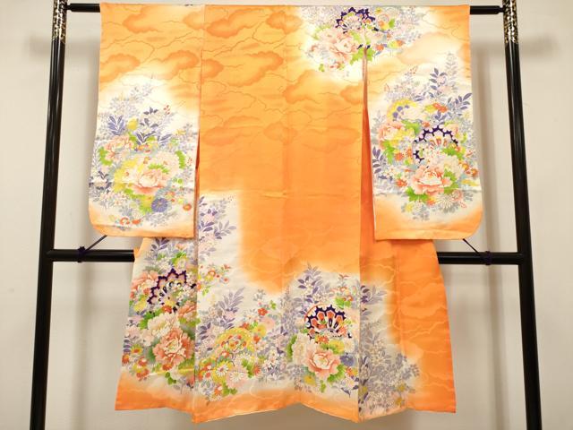 平和屋着物[]七五三　女の子　７歳　祝着　四つ身　源氏車花文　暈し染め　DABH5272ea