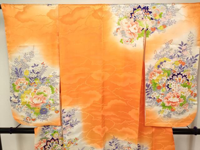 平和屋着物[]七五三　女の子　７歳　祝着　四つ身　源氏車花文　暈し染め　DABH5272ea