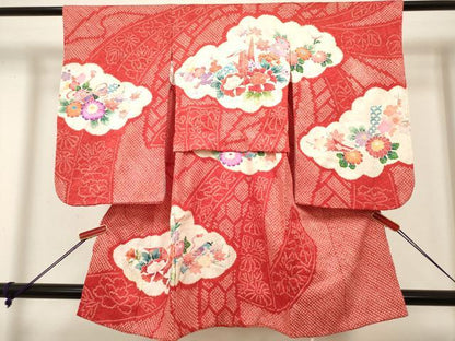 平和屋着物[]七五三　女の子　３歳　祝着　三つ身　絞り　雲取り折り鶴花文　逸品　DABH5279ea
