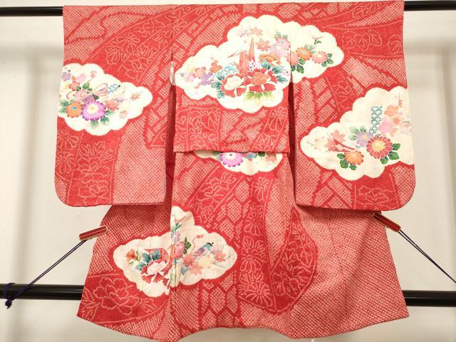 平和屋着物[]七五三　女の子　３歳　祝着　三つ身　絞り　雲取り折り鶴花文　逸品　DABH5279ea