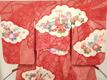 平和屋着物[]七五三　女の子　３歳　祝着　三つ身　絞り　雲取り折り鶴花文　逸品　DABH5279ea