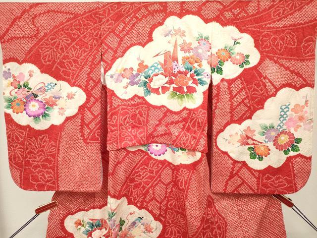 平和屋着物[]七五三　女の子　３歳　祝着　三つ身　絞り　雲取り折り鶴花文　逸品　DABH5279ea