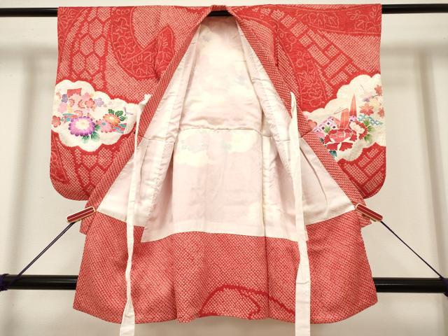 平和屋着物[]七五三　女の子　３歳　祝着　三つ身　絞り　雲取り折り鶴花文　逸品　DABH5279ea