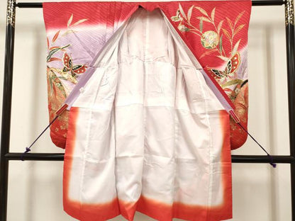 平和屋着物[]七五三　女の子　３歳　祝着　三つ身　枝垂れ柳　舞蝶花鞠文　暈し染め　金彩　逸品　DABH5282ea