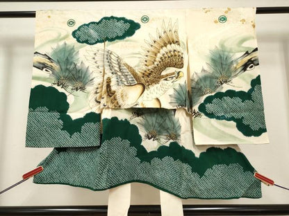 平和屋着物[]お宮参り　男の子　祝着　産着　初着　のしめ　絞り　手描き　鷹　鷲　笠松　金銀彩　逸品　DABH5289ea