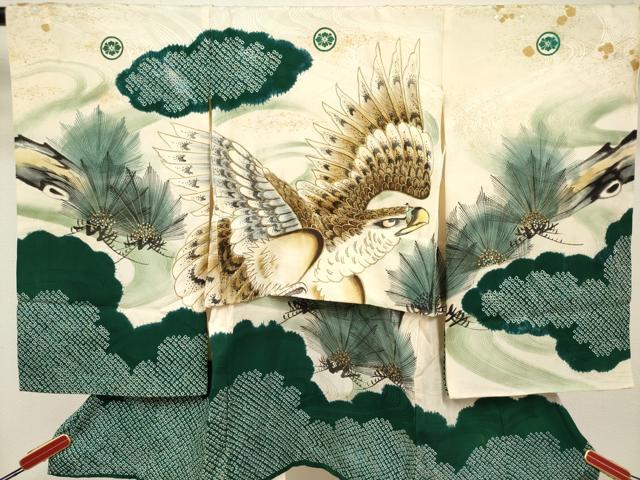 平和屋着物[]お宮参り　男の子　祝着　産着　初着　のしめ　絞り　手描き　鷹　鷲　笠松　金銀彩　逸品　DABH5289ea