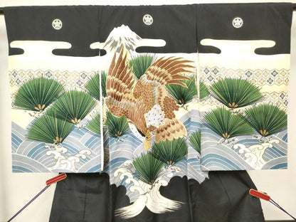 平和屋着物[]お宮参り　男の子　祝着　産着　初着　のしめ　刺繍　鷹　鷲　富士山　立波松文　金彩　逸品　DABH5291ea