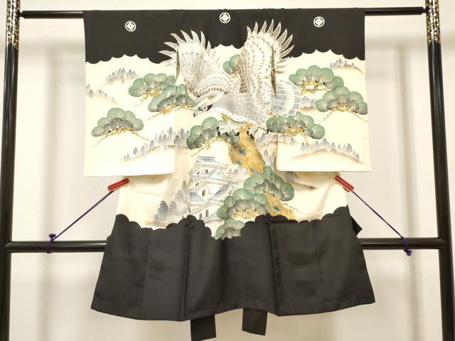 平和屋着物[]お宮参り　男の子　祝着　産着　初着　のしめ　駒刺繍　鷹　鷲　風景笠松文　金彩　逸品　DABH5293ea