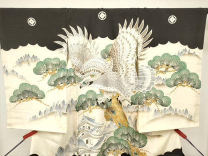 平和屋着物[]お宮参り　男の子　祝着　産着　初着　のしめ　駒刺繍　鷹　鷲　風景笠松文　金彩　逸品　DABH5293ea