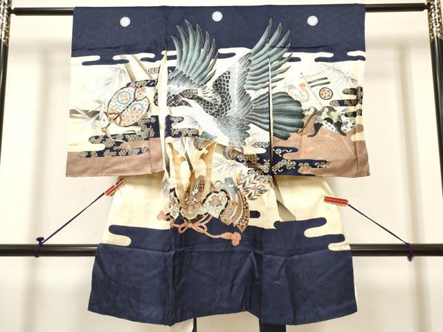 平和屋着物[]お宮参り　男の子　祝着　産着　初着　のしめ　鷹　鷲　兜　笹竹器物文　金彩　逸品　DABH5294ea