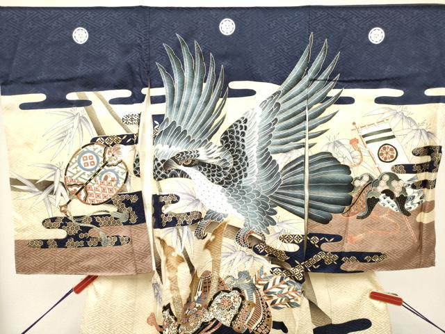 平和屋着物[]お宮参り　男の子　祝着　産着　初着　のしめ　鷹　鷲　兜　笹竹器物文　金彩　逸品　DABH5294ea