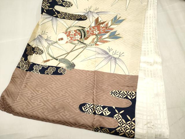 平和屋着物[]お宮参り　男の子　祝着　産着　初着　のしめ　鷹　鷲　兜　笹竹器物文　金彩　逸品　DABH5294ea
