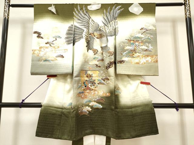 平和屋着物[]お宮参り　男の子　祝着　産着　初着　のしめ　鷹　鷲　宝船笠松文　暈し染め　金銀彩　逸品　DABH5298ea