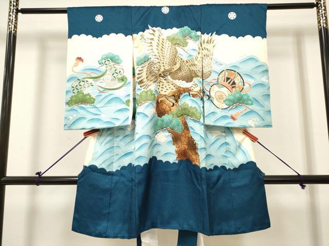 平和屋着物[]お宮参り　男の子　祝着　産着　初着　のしめ　駒刺繍　鷹　鷲　立波鼓絵巻笠松文　金彩　逸品　DABH5299ea