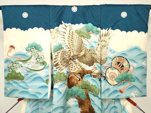 平和屋着物[]お宮参り　男の子　祝着　産着　初着　のしめ　駒刺繍　鷹　鷲　立波鼓絵巻笠松文　金彩　逸品　DABH5299ea