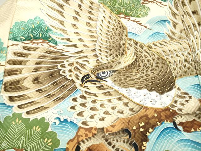 平和屋着物[]お宮参り　男の子　祝着　産着　初着　のしめ　駒刺繍　鷹　鷲　立波鼓絵巻笠松文　金彩　逸品　DABH5299ea