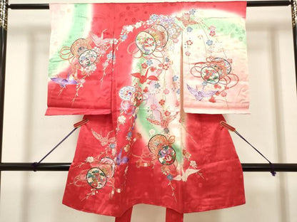 平和屋着物[]お宮参り　女の子　祝着　産着　初着　のしめ　枝垂れ桜　折り鶴　鼓　暈し染め　金銀彩　逸品　DABH5305ea