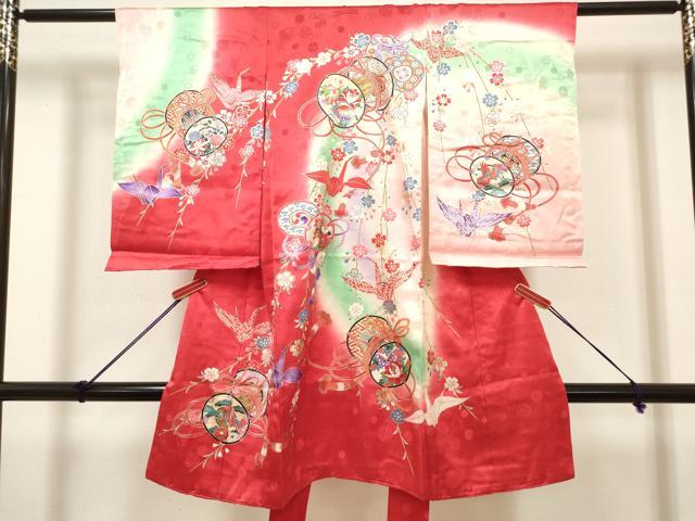 平和屋着物[]お宮参り　女の子　祝着　産着　初着　のしめ　枝垂れ桜　折り鶴　鼓　暈し染め　金銀彩　逸品　DABH5305ea