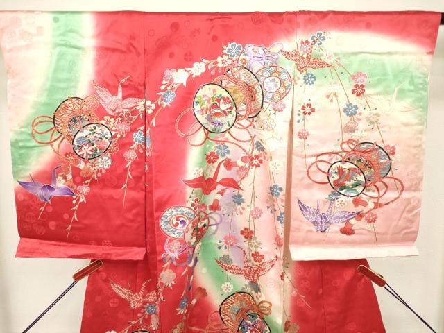 平和屋着物[]お宮参り　女の子　祝着　産着　初着　のしめ　枝垂れ桜　折り鶴　鼓　暈し染め　金銀彩　逸品　DABH5305ea