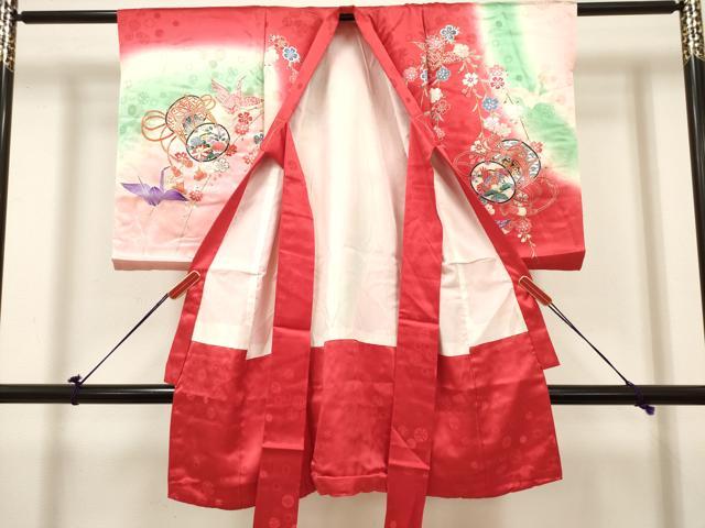 平和屋着物[]お宮参り　女の子　祝着　産着　初着　のしめ　枝垂れ桜　折り鶴　鼓　暈し染め　金銀彩　逸品　DABH5305ea