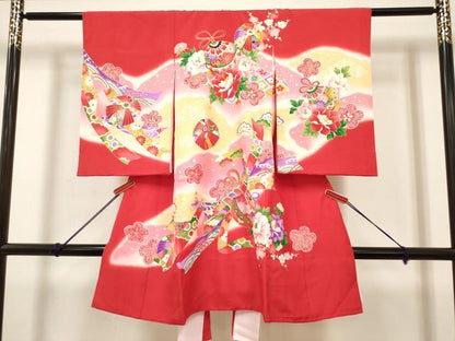 平和屋着物[]お宮参り　女の子　祝着　産着　初着　のしめ　御殿鞠　束ね熨斗鈴花松文　暈し染め　金彩　逸品　DABH5306ea