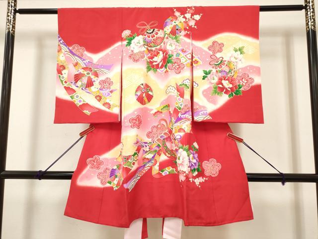平和屋着物[]お宮参り　女の子　祝着　産着　初着　のしめ　御殿鞠　束ね熨斗鈴花松文　暈し染め　金彩　逸品　DABH5306ea