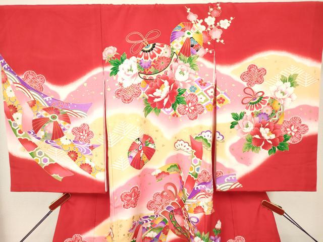平和屋着物[]お宮参り　女の子　祝着　産着　初着　のしめ　御殿鞠　束ね熨斗鈴花松文　暈し染め　金彩　逸品　DABH5306ea