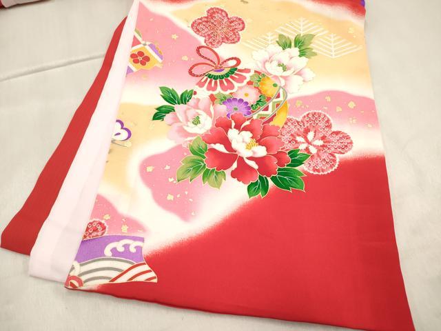 平和屋着物[]お宮参り　女の子　祝着　産着　初着　のしめ　御殿鞠　束ね熨斗鈴花松文　暈し染め　金彩　逸品　DABH5306ea