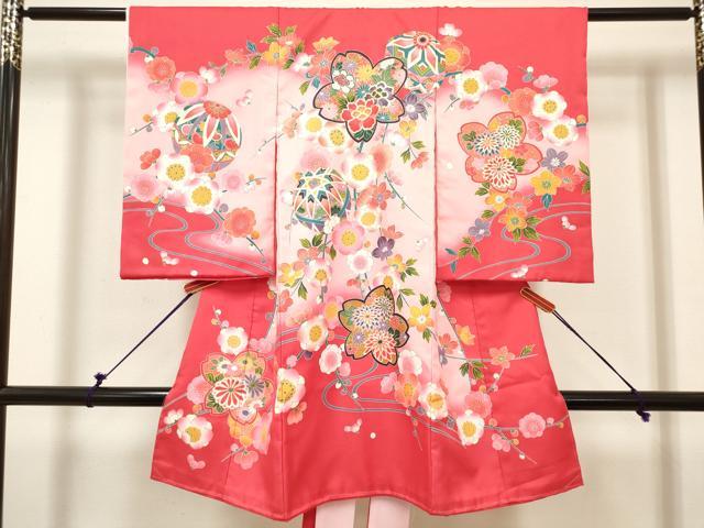 平和屋着物[]お宮参り　女の子　祝着　産着　初着　のしめ　鞠舞桜文　枝梅　暈し染め　金銀彩　未使用　DABH5308ea