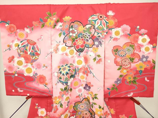 平和屋着物[]お宮参り　女の子　祝着　産着　初着　のしめ　鞠舞桜文　枝梅　暈し染め　金銀彩　未使用　DABH5308ea