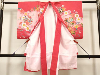 平和屋着物[]お宮参り　女の子　祝着　産着　初着　のしめ　鞠舞桜文　枝梅　暈し染め　金銀彩　未使用　DABH5308ea