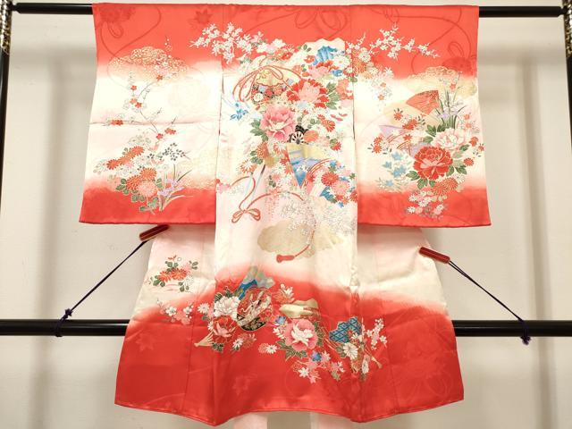 平和屋着物[]お宮参り　女の子　祝着　産着　初着　のしめ　御殿鞠　扇面鈴花文　暈し染め　金彩　逸品　DABH5310ea