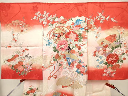 平和屋着物[]お宮参り　女の子　祝着　産着　初着　のしめ　御殿鞠　扇面鈴花文　暈し染め　金彩　逸品　DABH5310ea
