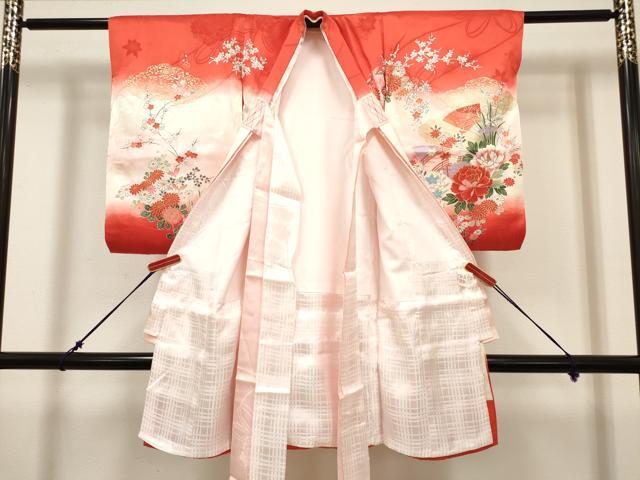 平和屋着物[]お宮参り　女の子　祝着　産着　初着　のしめ　御殿鞠　扇面鈴花文　暈し染め　金彩　逸品　DABH5310ea