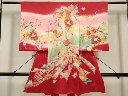平和屋着物[]お宮参り　女の子　祝着　産着　初着　のしめ　束ね熨斗鈴花文　暈し染め　金彩　逸品　DABH5311ea