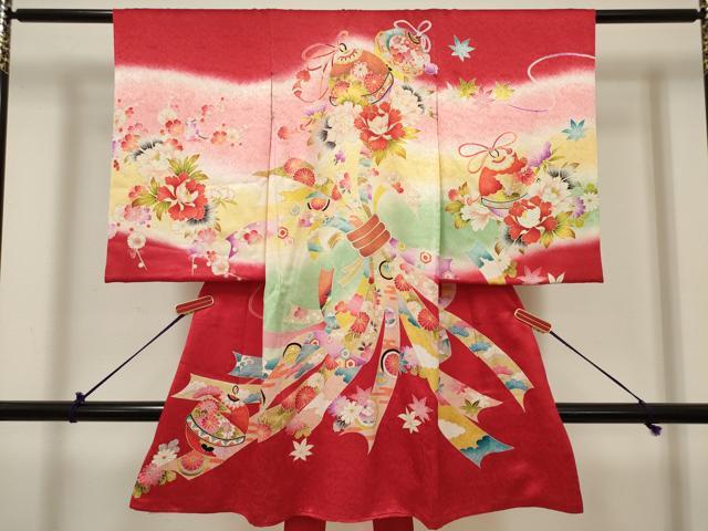 平和屋着物[]お宮参り　女の子　祝着　産着　初着　のしめ　束ね熨斗鈴花文　暈し染め　金彩　逸品　DABH5311ea