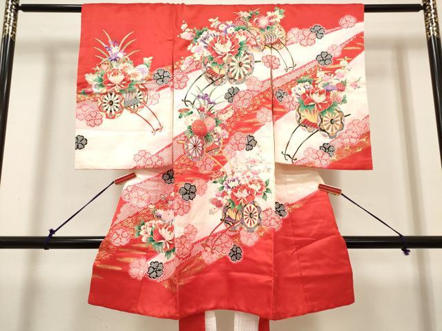 平和屋着物[]お宮参り　女の子　祝着　産着　初着　のしめ　駒刺繍　花車文　暈し染め　金彩　逸品　DABH5312ea