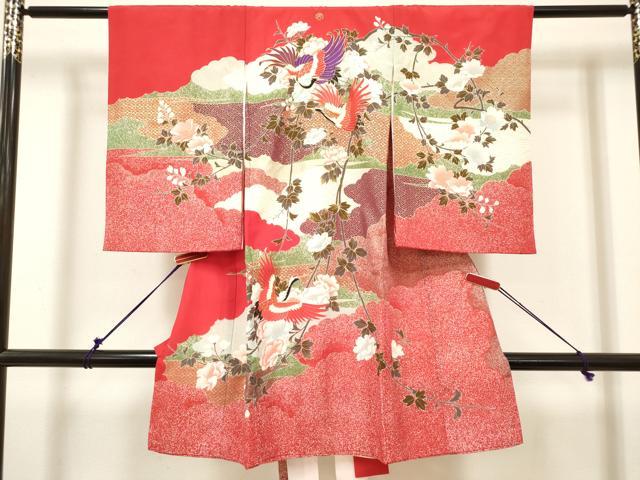 平和屋着物[]お宮参り　女の子　祝着　産着　初着　のしめ　駒刺繍　飛鶴雲取り吉祥文　枝垂れ桜　金彩　逸品　DABH5313ea