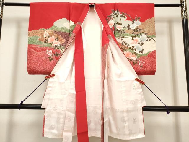 平和屋着物[]お宮参り　女の子　祝着　産着　初着　のしめ　駒刺繍　飛鶴雲取り吉祥文　枝垂れ桜　金彩　逸品　DABH5313ea