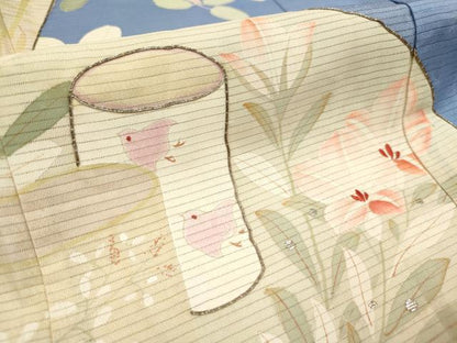 平和屋着物＊夏物　お宮参り　女の子　祝着　産着　初着　のしめ　絽　駒刺繍　苫舟萩撫子文　扇面　逸品　DABH5315ea