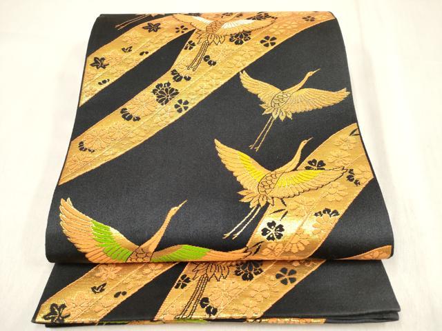 平和屋着物[]女の子　子供　全通柄袋帯　唐織　飛鶴熨斗花文　黒地　金糸　逸品　DABH5317ea