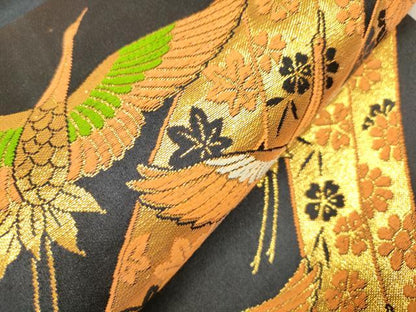 平和屋着物[]女の子　子供　全通柄袋帯　唐織　飛鶴熨斗花文　黒地　金糸　逸品　DABH5317ea