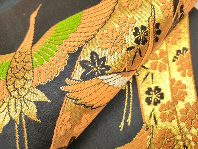 平和屋着物[]女の子　子供　全通柄袋帯　唐織　飛鶴熨斗花文　黒地　金糸　逸品　DABH5317ea
