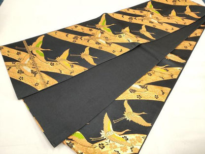 平和屋着物[]女の子　子供　全通柄袋帯　唐織　飛鶴熨斗花文　黒地　金糸　逸品　DABH5317ea