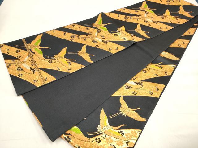 平和屋着物[]女の子　子供　全通柄袋帯　唐織　飛鶴熨斗花文　黒地　金糸　逸品　DABH5317ea