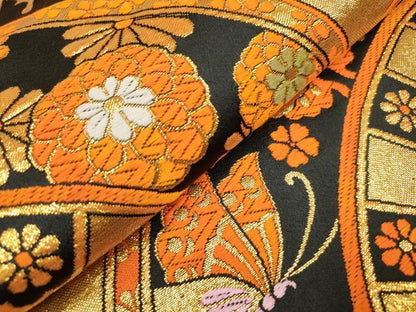 平和屋着物[]女の子　子供　全通柄袋帯　唐織　片輪車花蝶文　黒地　金糸　DABH5319ea