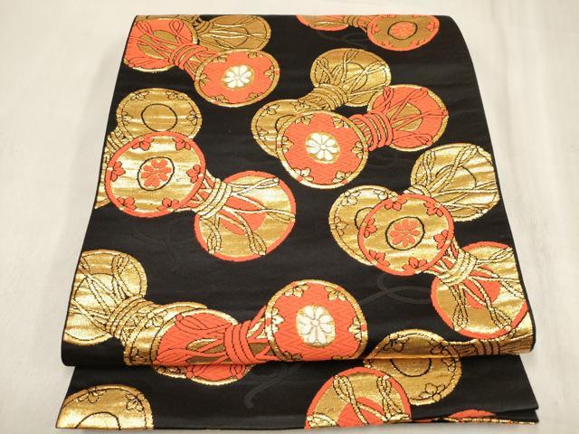 平和屋着物[]女の子　子供　全通柄袋帯　唐織　鼓文　黒地　金糸　逸品　DABH5321ea