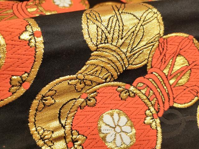 平和屋着物[]女の子　子供　全通柄袋帯　唐織　鼓文　黒地　金糸　逸品　DABH5321ea